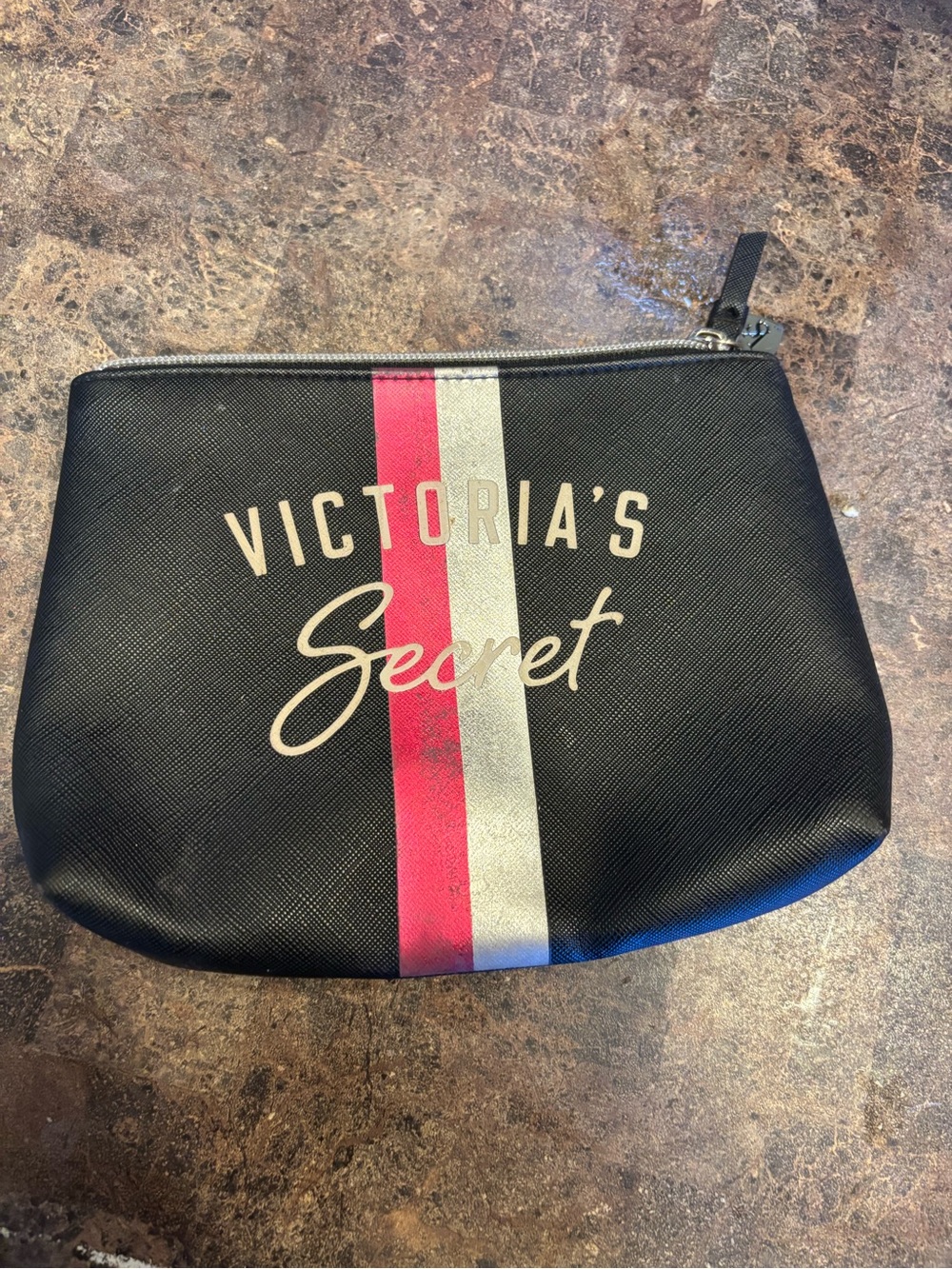 Victoria's Secret Black Cosmetic Pouch with Pink & Silver Stripe